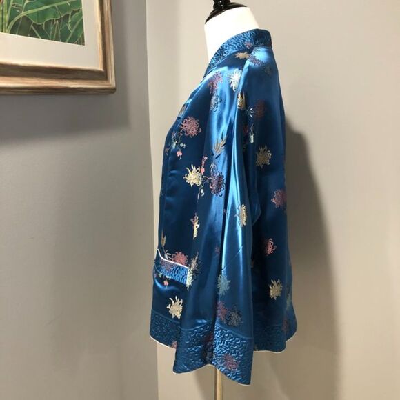 Vintage Silk Blue Ivory Embroidered Kimono Reversible Floral Jacket Large - Picture 3 of 13